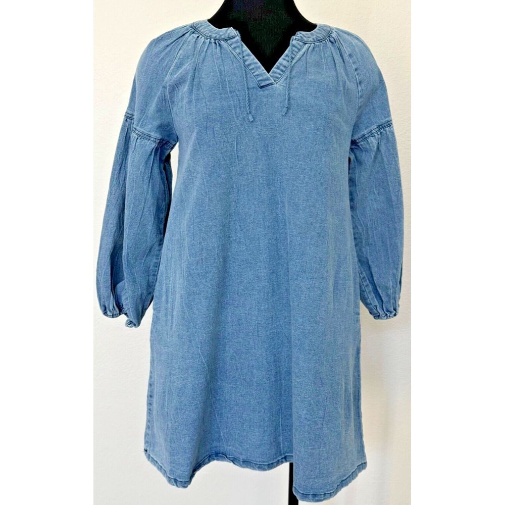 Chelsea & Violet Dress Chambray Denim Side Pockets 3/4 Balloon Sleeves Girls XL